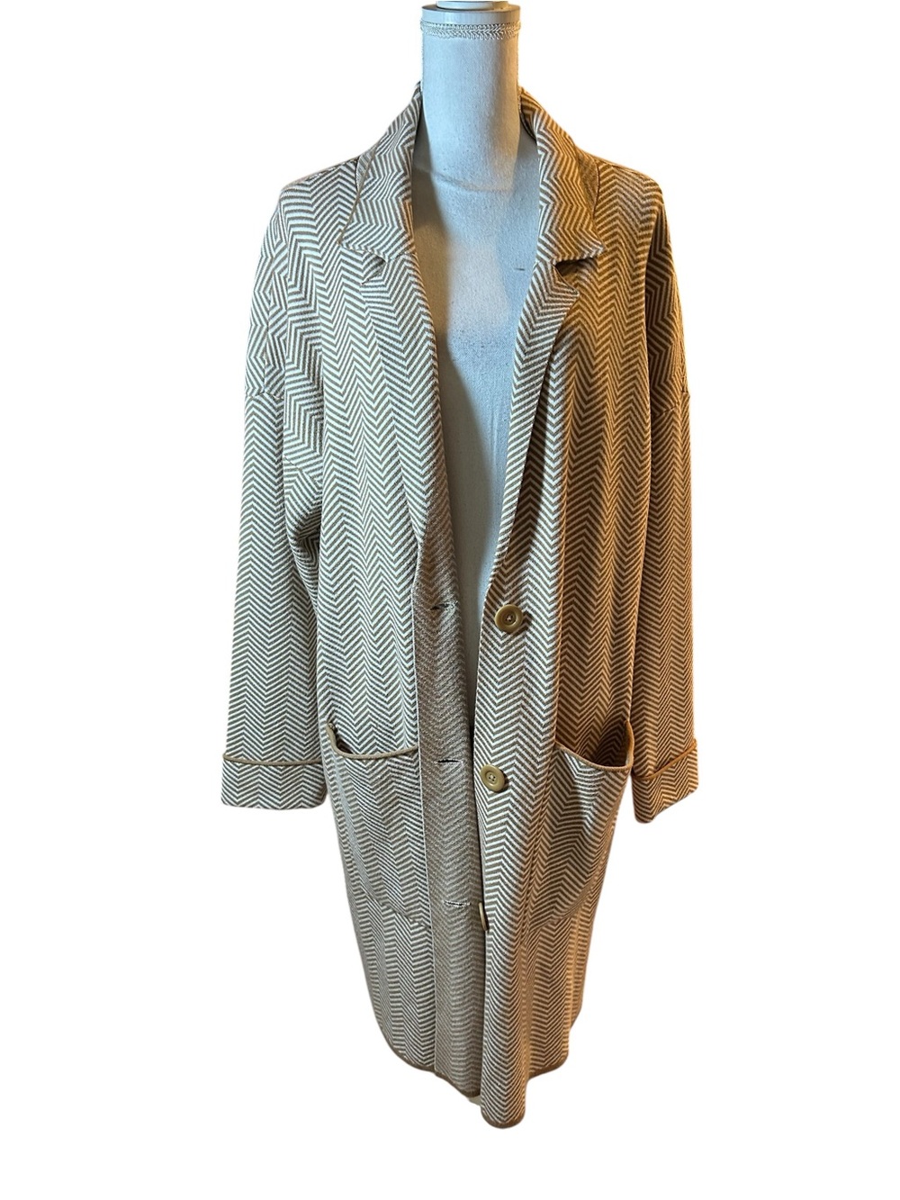 Nine West Tan and White Chevron Long Sweater Coat